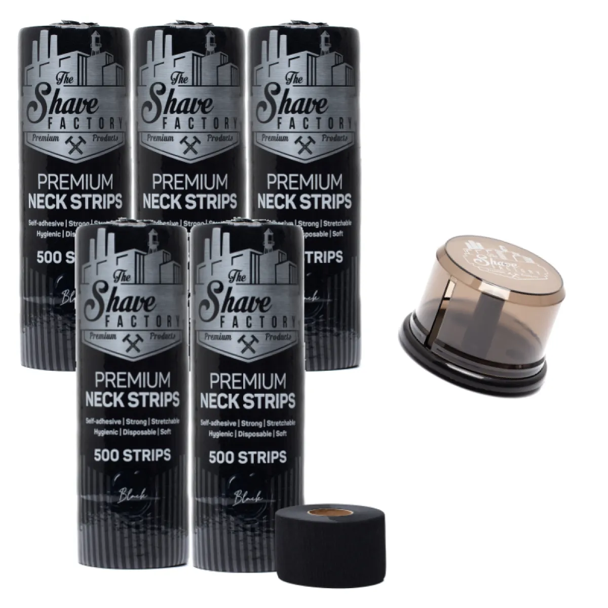 The Shave Factory - Premium Black Neck Strip - 5x Kołnierzyki fryzjerskie w czarnym kolorze + Podajnik - Pakiet
