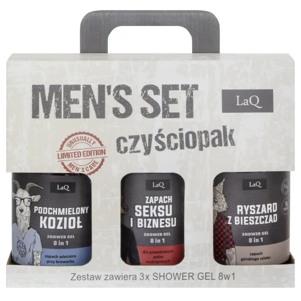 LaQ - Czyściopak dla Facetów, Doberman, Ryszard, Kozioł  - Zestaw na prezent, żel pod prysznic 3x500ml - Zestaw