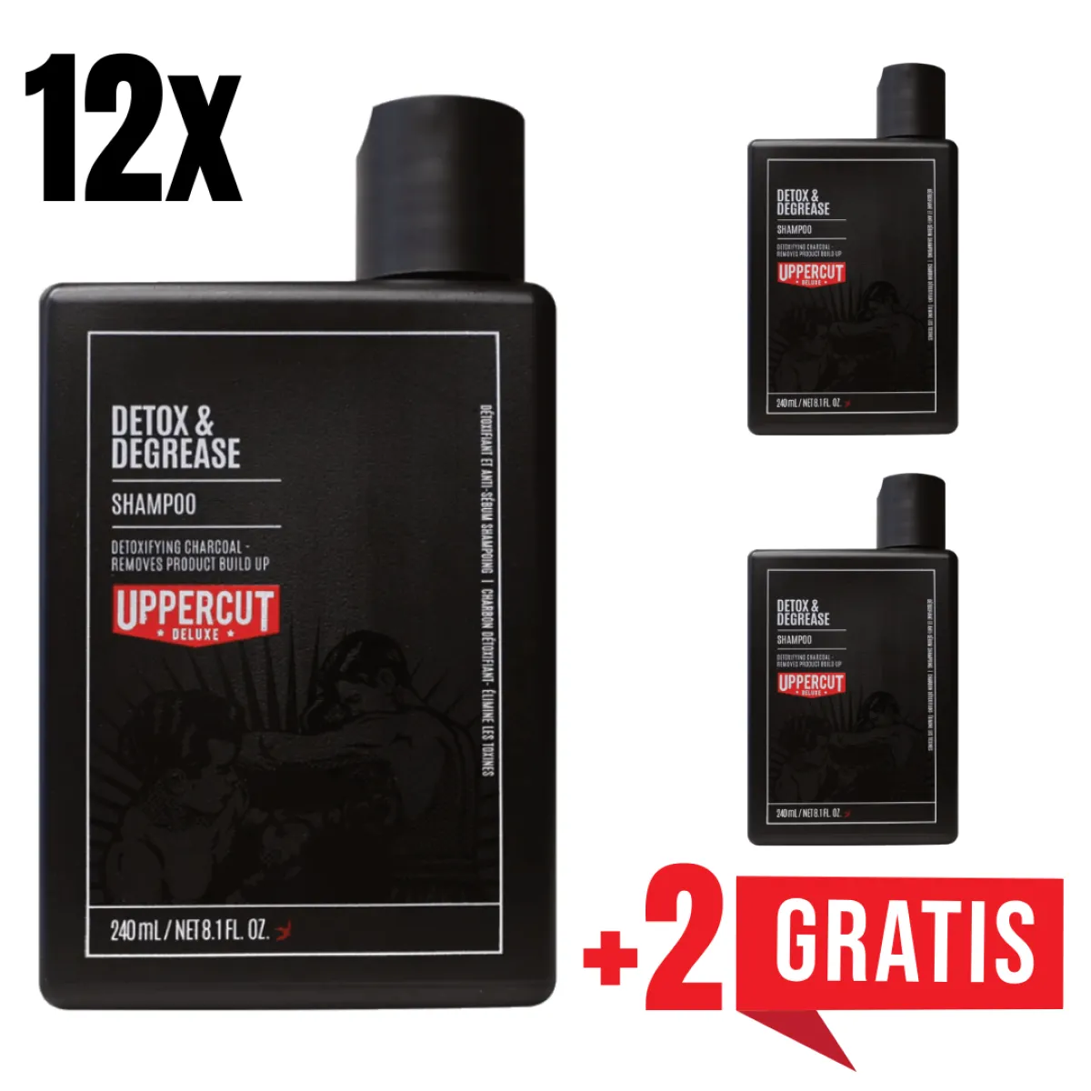 Uppercut Deluxe - Detox & Degrease - Głęboko oczyszczający szampon do włosów, do zmywania trudnych pomad 240ml ZESTAW 12+2