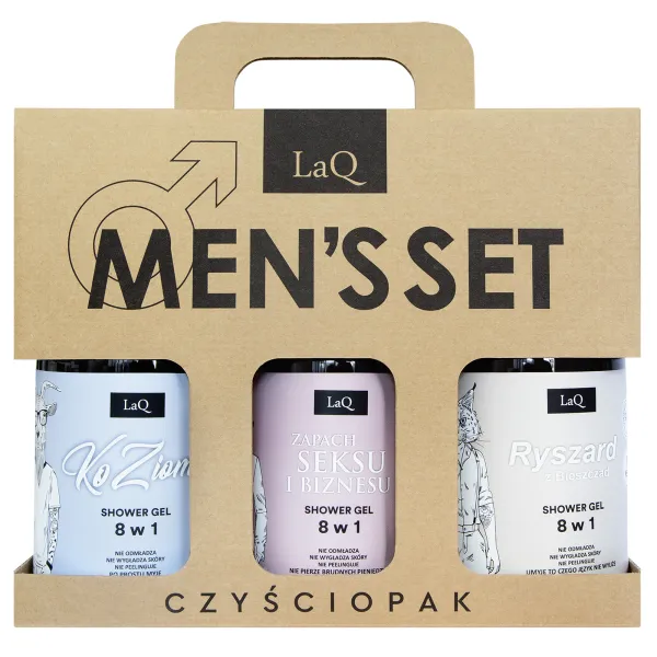 LaQ - Czyściopak dla Facetów, Doberman, Ryszard, KoZiom  - Zestaw na prezent, żel pod prysznic 3x500ml - Zestaw