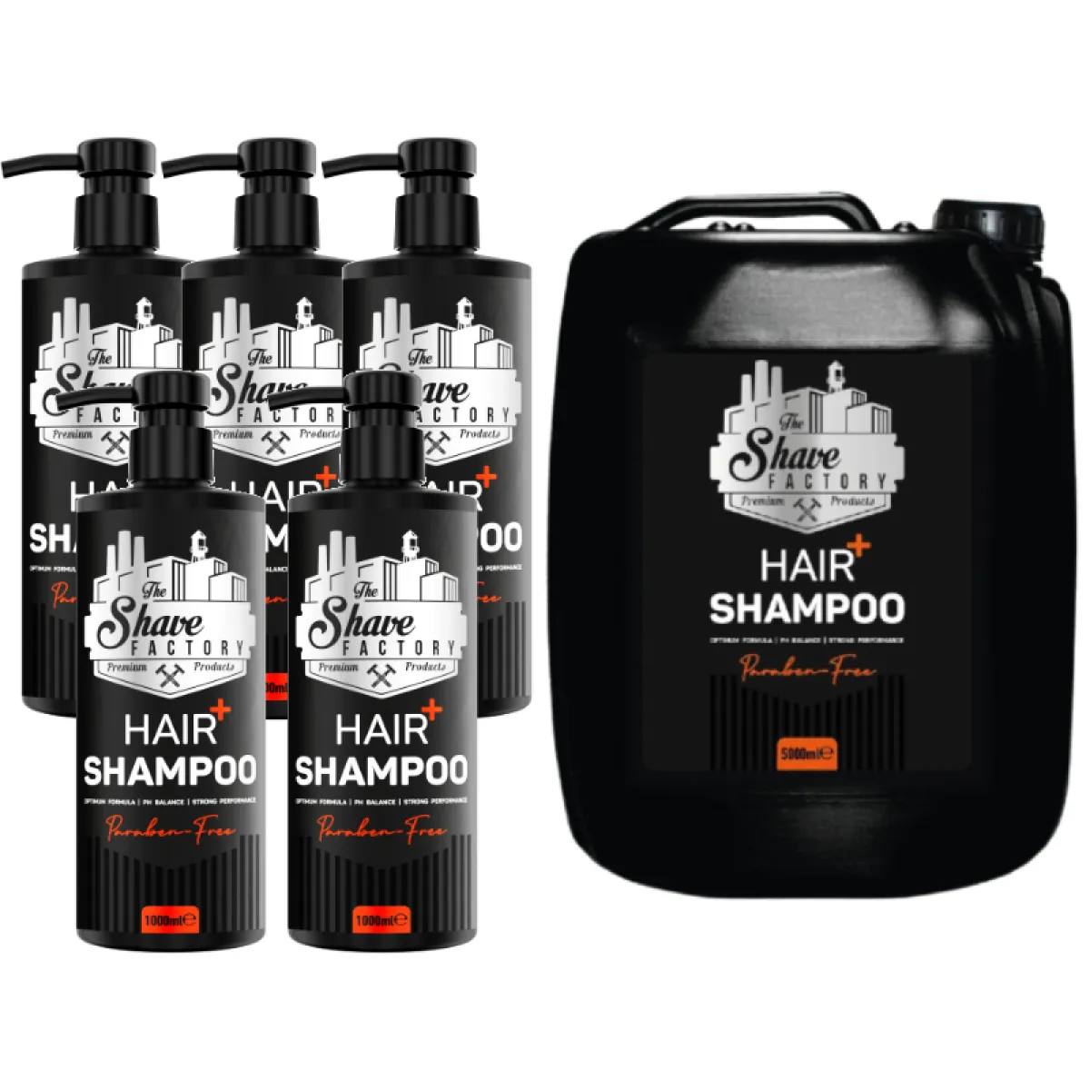 The Shave Factory - Hair Shampoo Wash Pack - Szampon do włosów bez parabenów 5x1000ml + Barber Size 5000ml