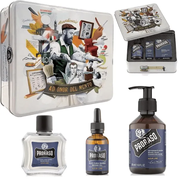Proraso - Azur Lime - Beard Kit, Zestaw do pielęgnacji brody, na prezent w metalowej puszce
